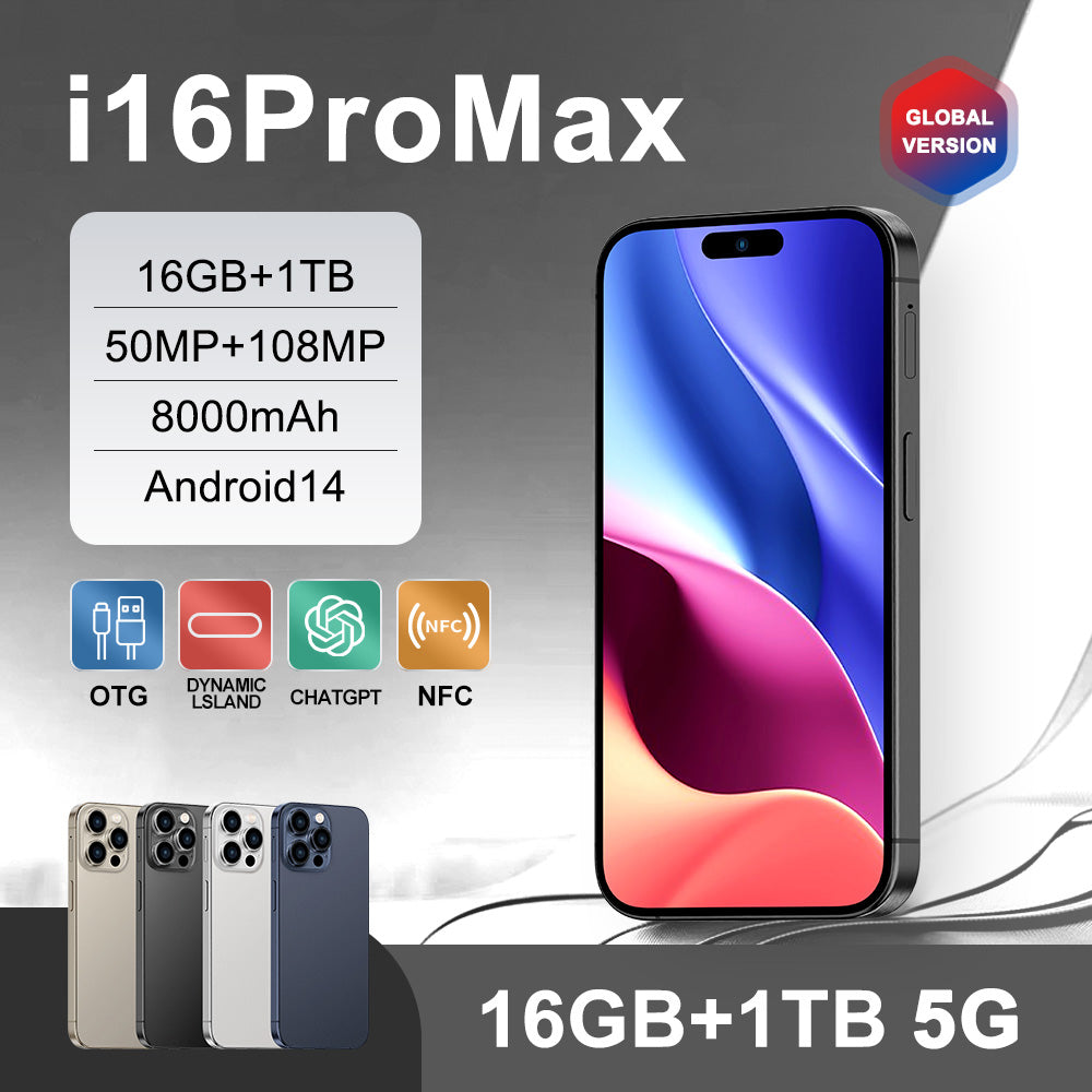 i16 Pro Max Smartphone Android 3G double SIM 6,5 pouces, 0.04 oz + 16 Go ROM, compatible 3G WCDMA : 850MHz/2100MHz, avec chargeur.