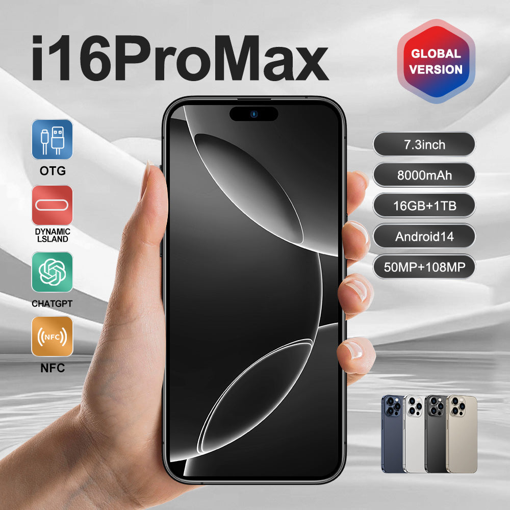 i16 Pro Max Smartphone Android 3G double SIM 6,5 pouces, 0.04 oz + 16 Go ROM, compatible 3G WCDMA : 850MHz/2100MHz, avec chargeur.