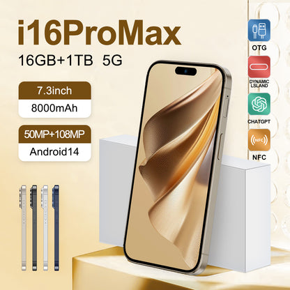i16 Pro Max Smartphone Android 3G double SIM 6,5 pouces, 0.04 oz + 16 Go ROM, compatible 3G WCDMA : 850MHz/2100MHz, avec chargeur.